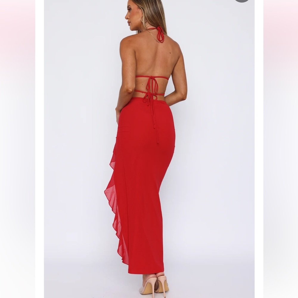 White Fox Boutique Red Halter Maxi Dress with Ruffle Slit - Picture 2 of 14